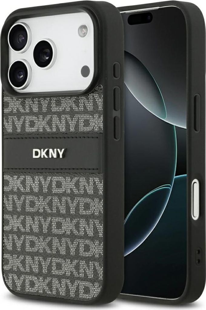 Hülle iPhone 17 Pro DKNY Kunstleder schwarz Logo Metall silber
