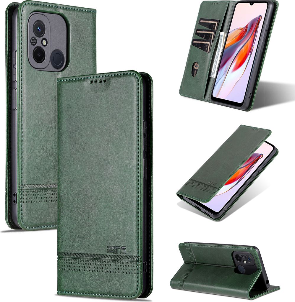 Leder Hülle für Xiaomi Redmi 12C / Poco C55, Klapphüllen Brieftasche Magnetverschluss Ständer Schutzhülle Grün