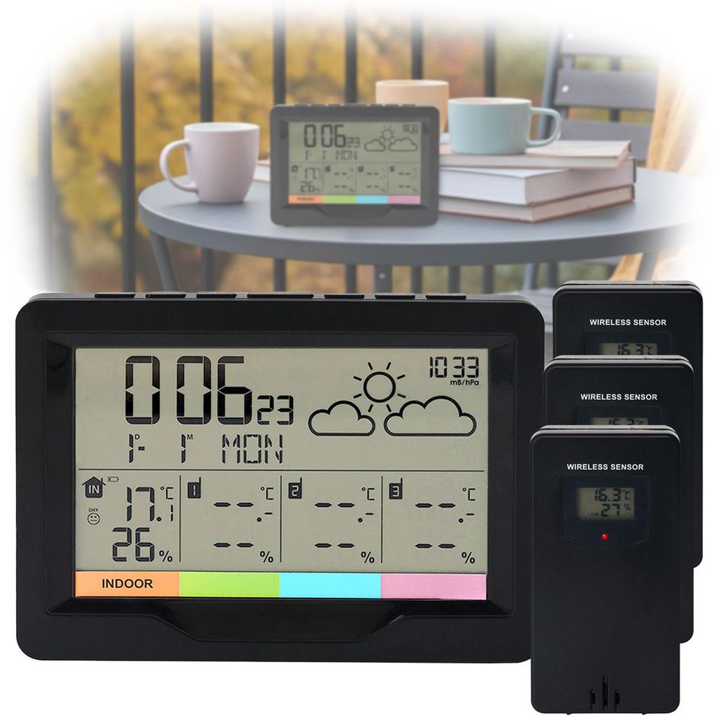 Profi Funk-Wetterstation mit 3 Aussensensoren - Behalten Sie 4 Zonen im Blick für maximale Übersicht & Kontrolle - inkl. Funkwecker & XL-Display