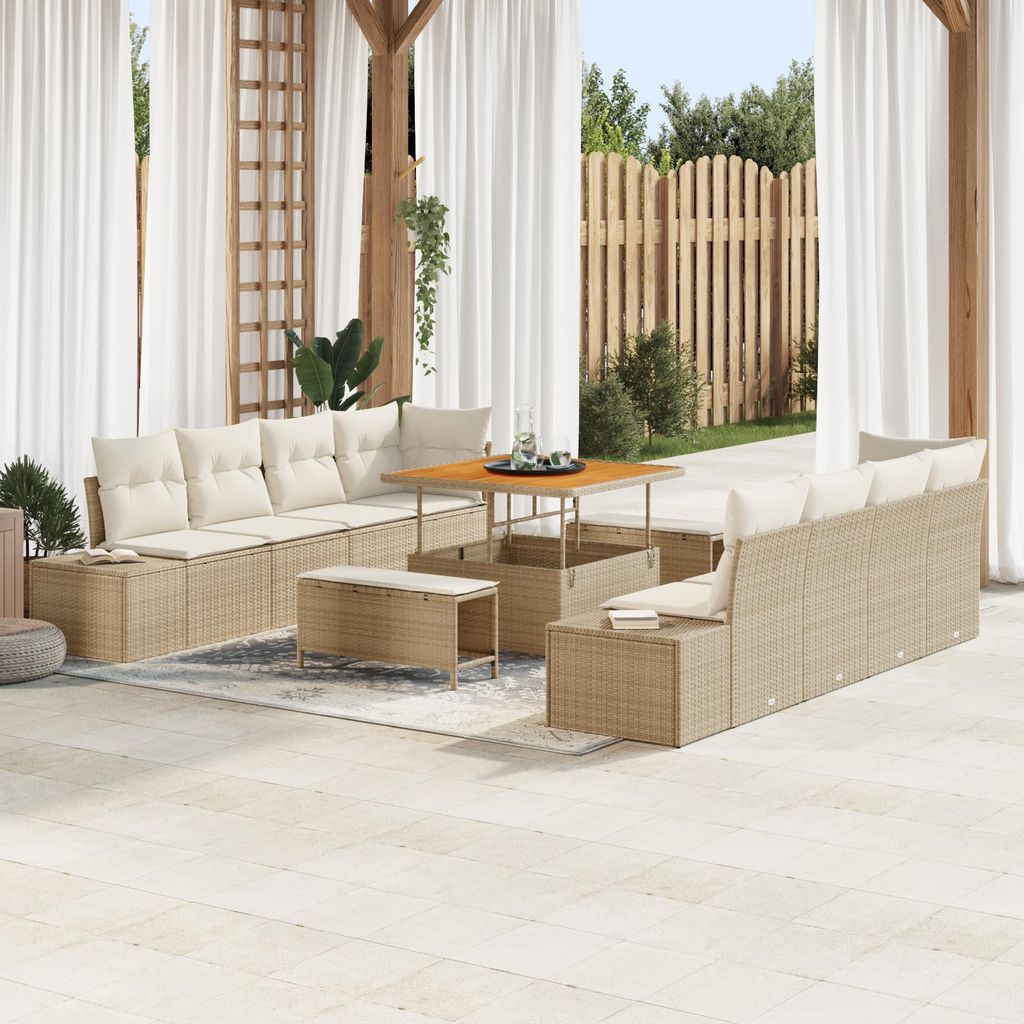 11-teiliges Garten-Sofa-Set mit Kissen Beige Poly Rattan Akazie, Design Möbel Gartensofas Neu