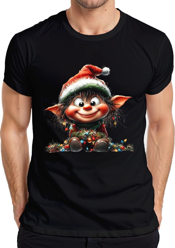 Weihnachtswichtel niedlich Lichterkette Kugeln Kinder Geschenk Herren T-Shirt, Schwarz, 3XL