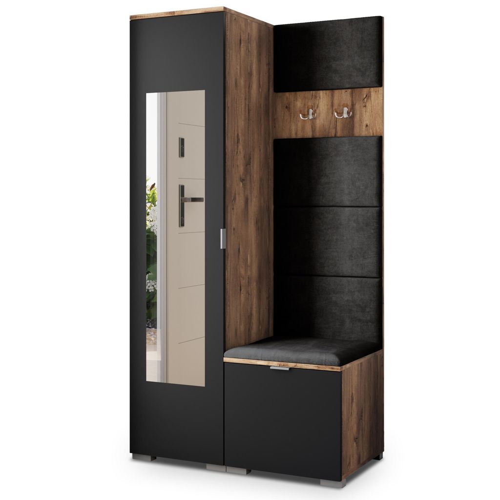Masseno Garderobe-Set VIRA 95/181/51 cm Modern Garderobenschrank Eiche Lefkas, Veloursstoff MONOLITH 95 (Schwarz)