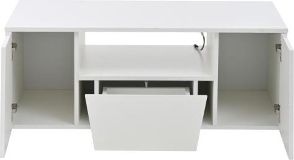 Couchtisch 100x50x40cm Weiss Sofatisch Multifunktionsmoebel LED Hochglanz 2 Schraenke 1 Schublade unregelmaessiges Design Vitrine Kaffeetisch