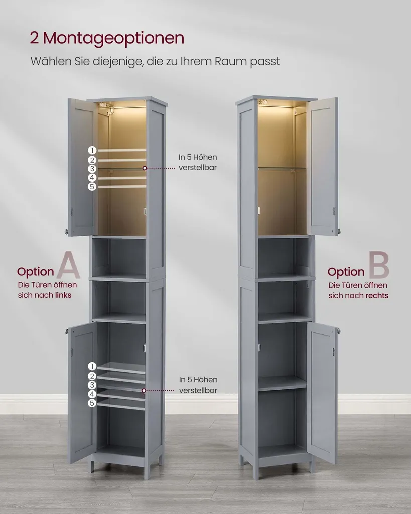 Armoire de Salle de Bain Grise en MDF avec Éclairage LED - Format Slim