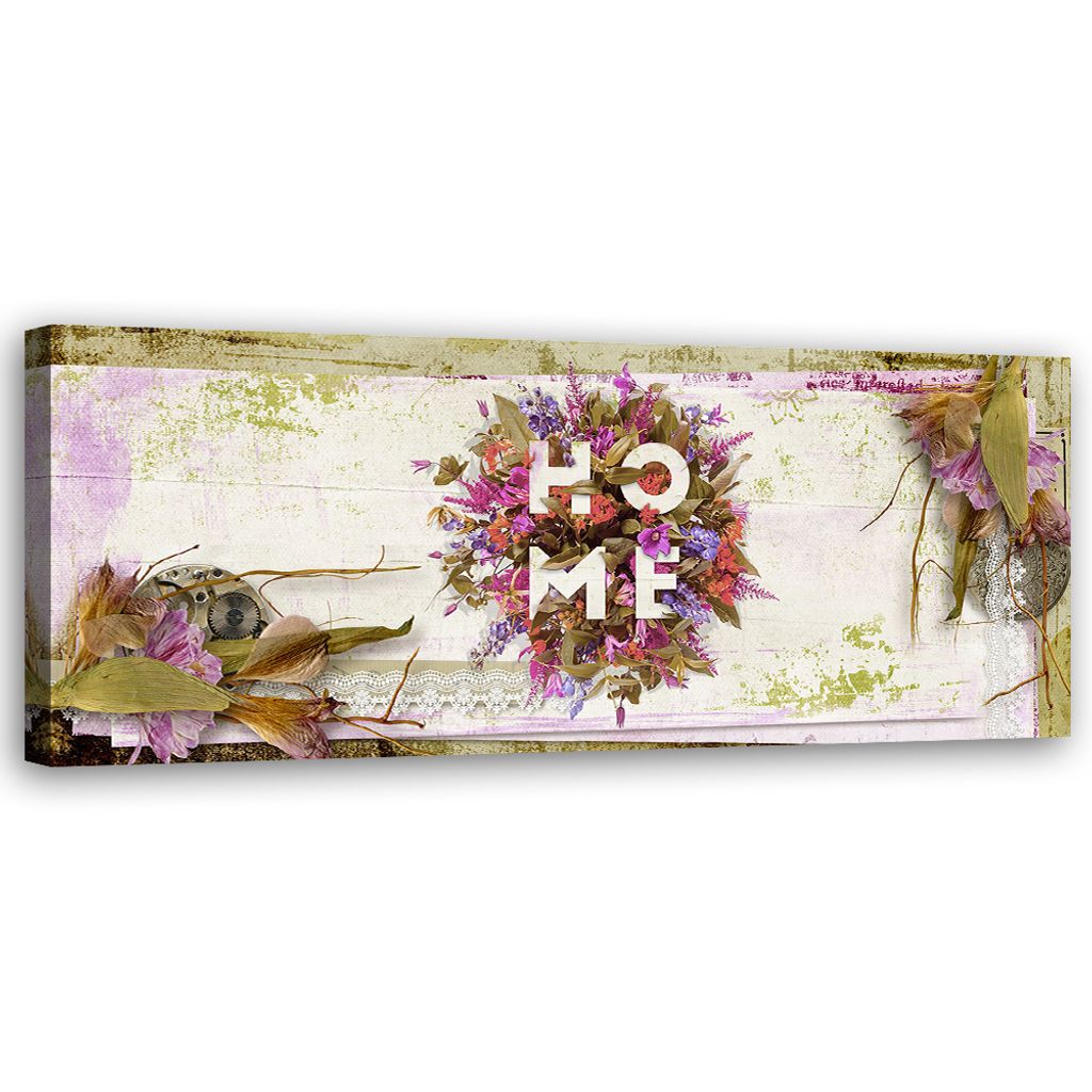 Leinwandbild Blumige Home Inschrift 150x50 Feeby Grün bild für die wand bereit zum aufhängen