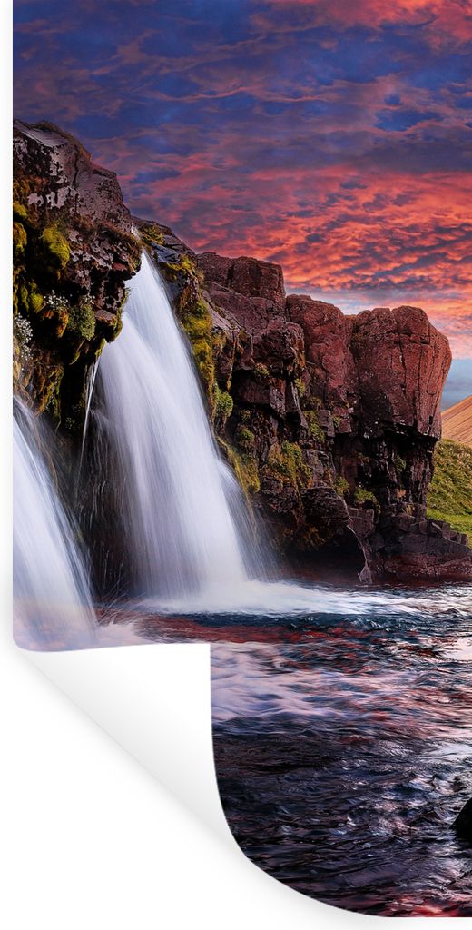 MuchoWow Wandtattoo Wandsticker Wandaufkleber Wasserfall - Berg - Wolken - Rosa - Landschaft 40x80 cm Selbstklebend und Repositionierbar - Reposi...