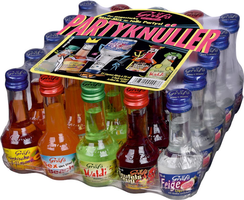 A shrink-wrapped package of 25 mini liquor bottles with a colorful label on top.