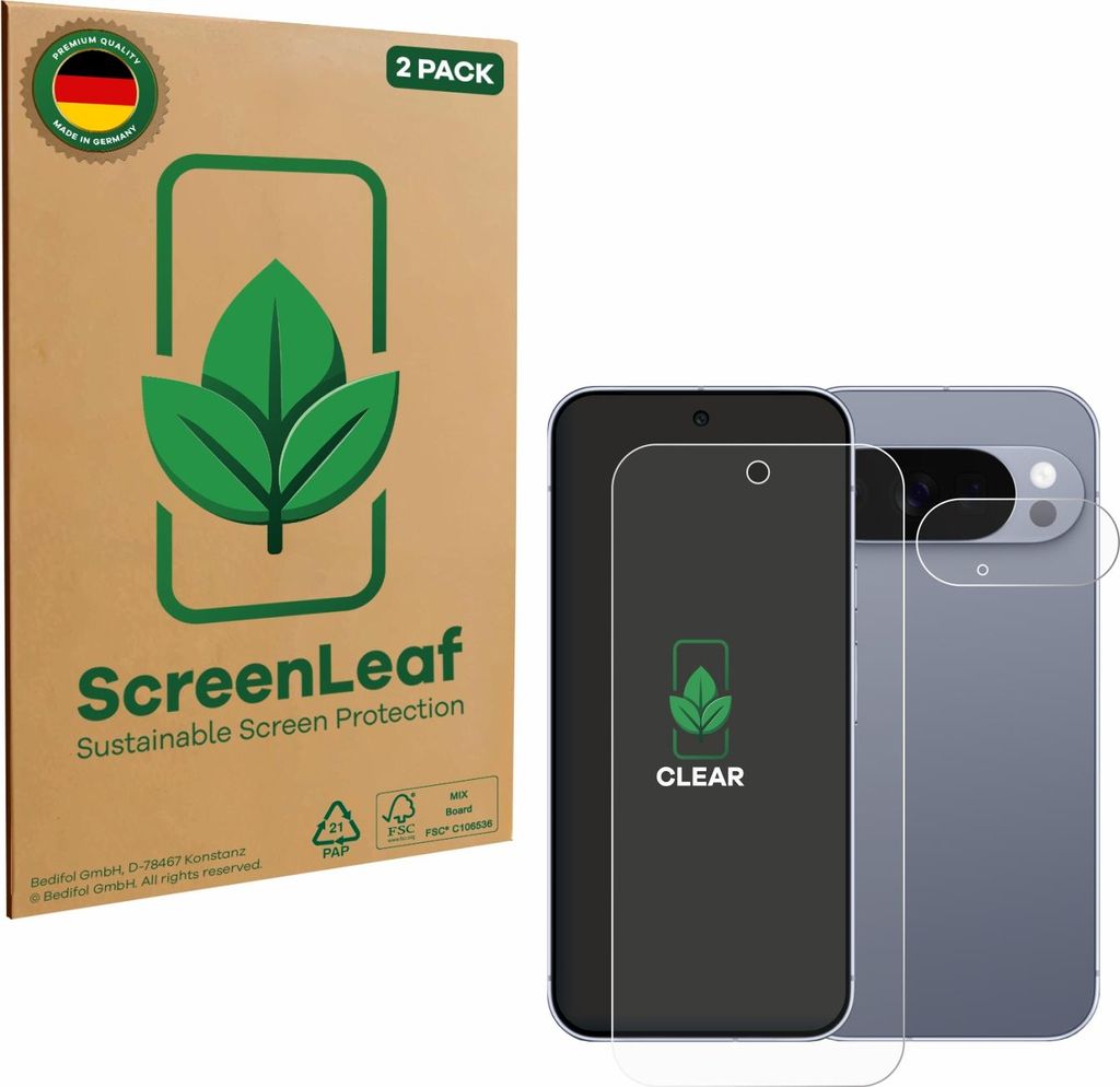 2x ScreenLeaf Schutzfolie für Google Pixel 10 Pro (Display+Kamera) nachhaltiger Displayschutz Display Schutz Folie Klar Transparent