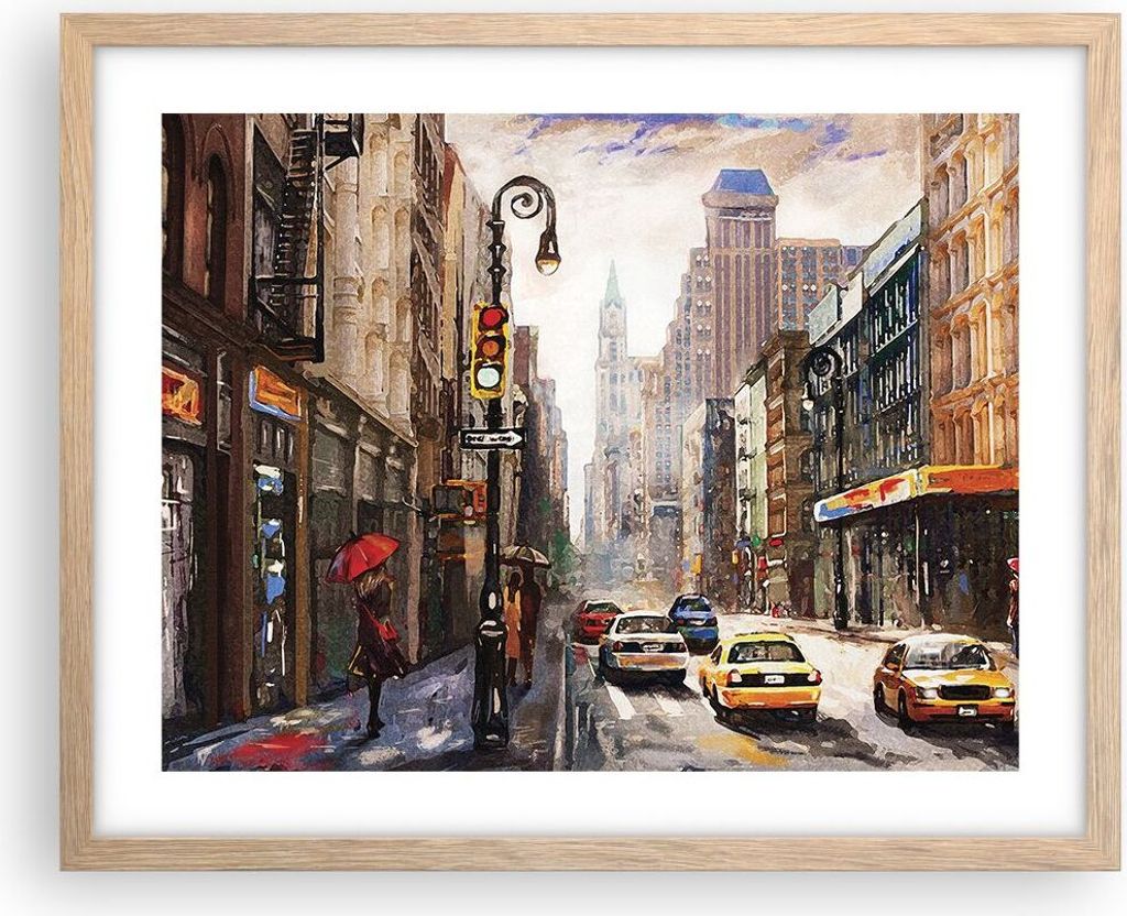 Gerahmtes Poster - Rahmen in heller Eiche - New York Aquarell - 50x40 cm - Wand Bild - Wanddeko - Wandbilder - Kunstposter - Wandposter - Bilderrah...