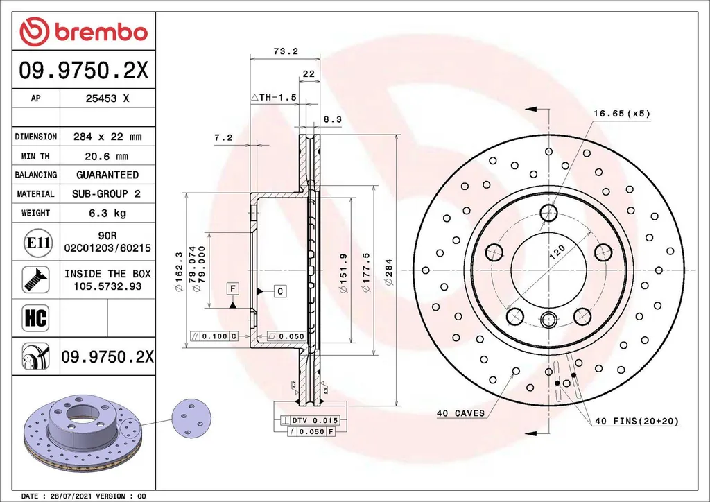 Disque de frein BREMBO 09.9750.2X contre le fading et la chaleur