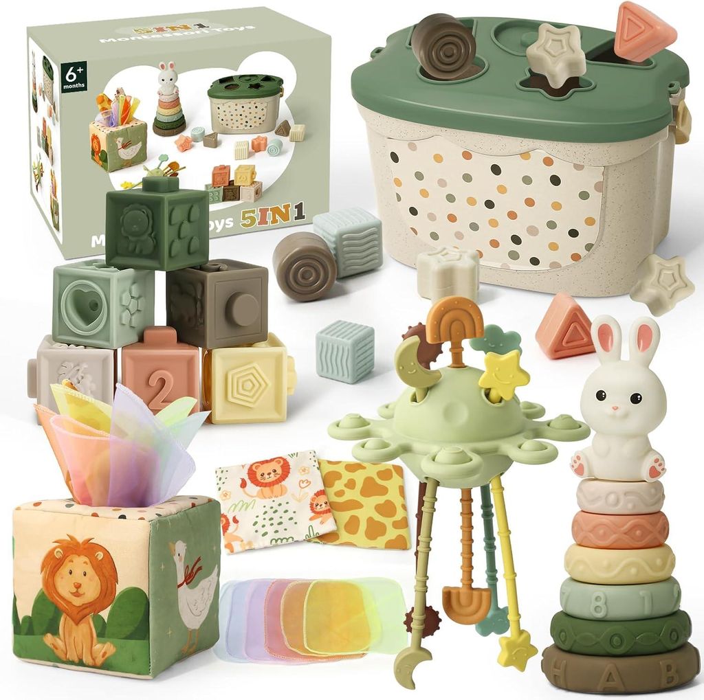 Montessori Spielzeug Baby ab 6 Monate, 5 in 1 Baby Spielzeug ab 7 8 9 Monate mit Bauklötze, Stapelringe, Tissue Box Toys, Lernspielzeug Geschenk