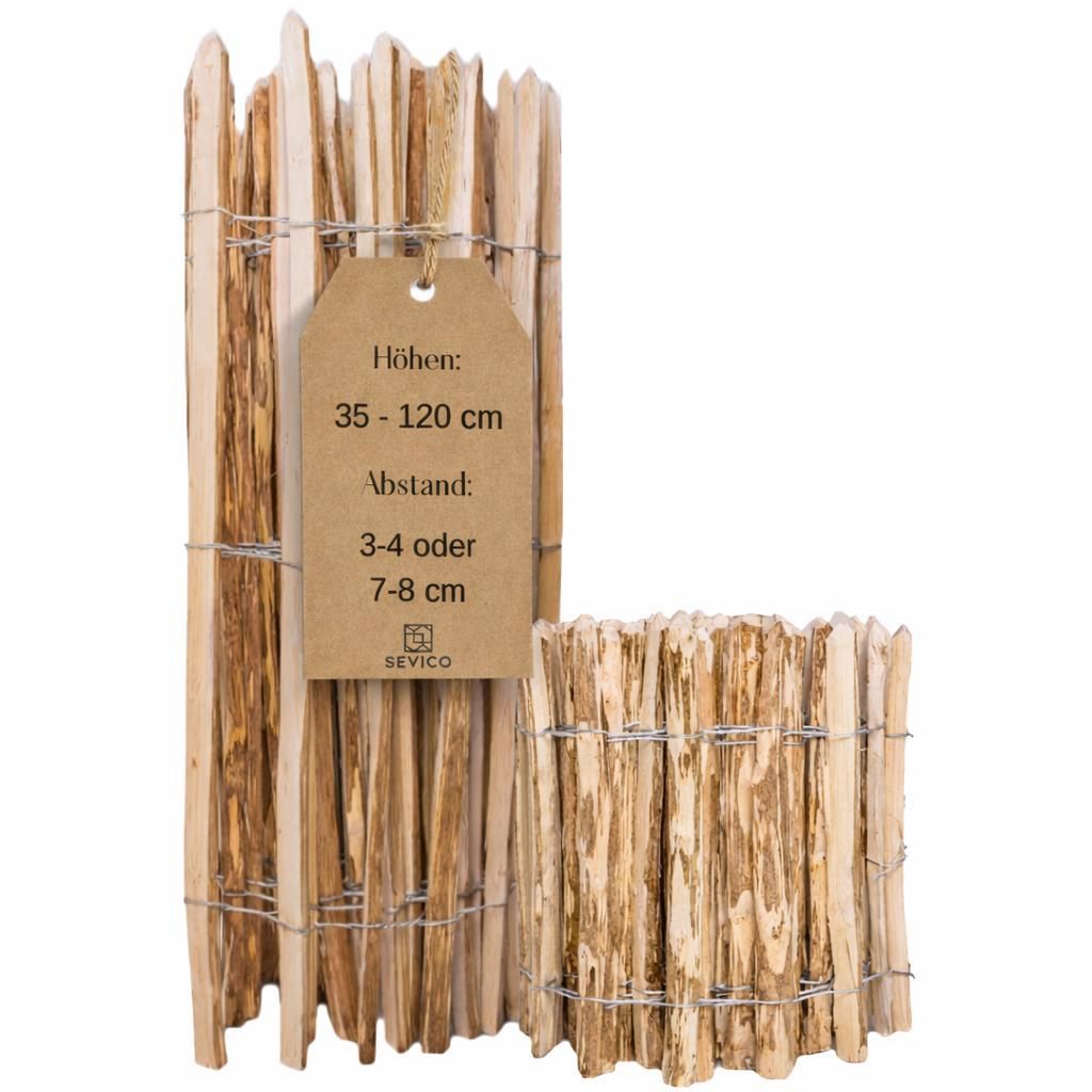 SEVICO 5m Staketenzaun 80cm x 5m mit Lattenabstand 3-4cm Zaunlatte Gartenzaun aus Haselnuss Natur STAHLKRAMPEN GRATIS V26 3-4