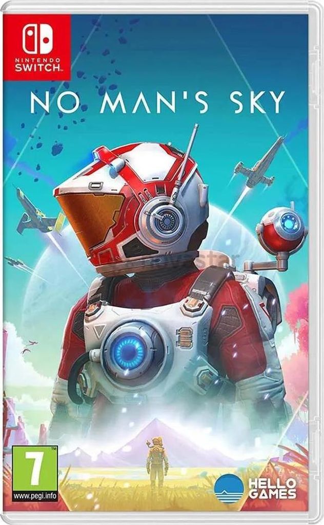 The image shows the Nintendo Switch game case for No Man's Sky, featuring the game's protagonist in a spacesuit against a vibrant, alien landscape.