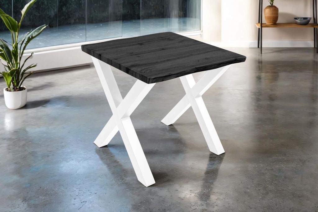 Esstisch Josy | 80 x 80 cm | Holz-Optik in Grau | X-Gestell Metall Weiß | 40 mm Tischplatte mit Baumkante | Tisch für Esszimmer & Küche