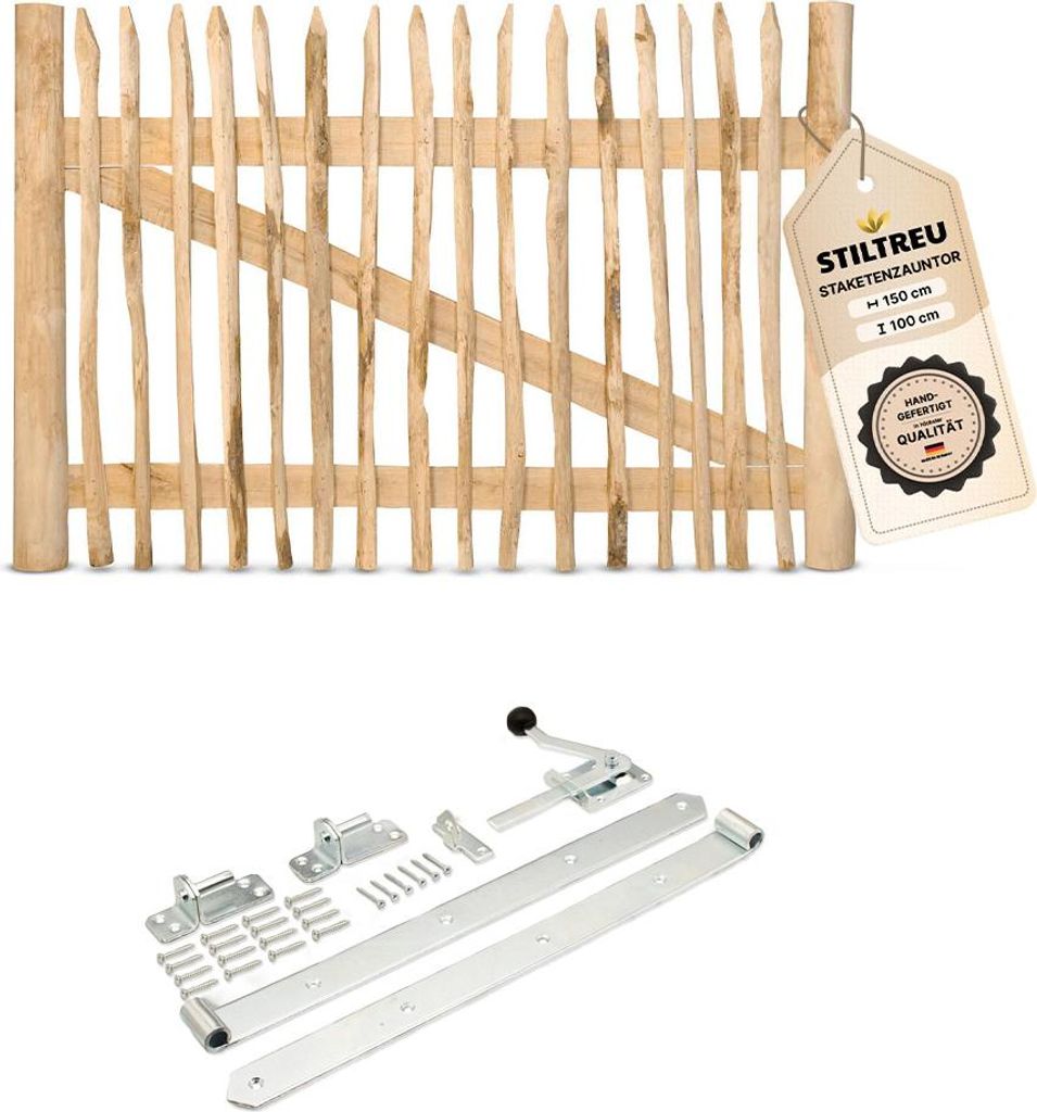 Classic Staketenzaun-Tor Set (silber) aus Edelkastanie, Breite 150 cm, Höhe 100 cm (genagelte Ausführung)