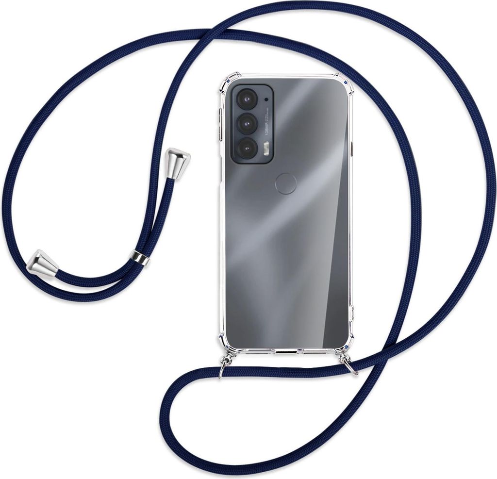 Handykette Backcover-Schutzhülle mit Band (Metall silberfarben) für Motorola Edge 20 - dunkelblau