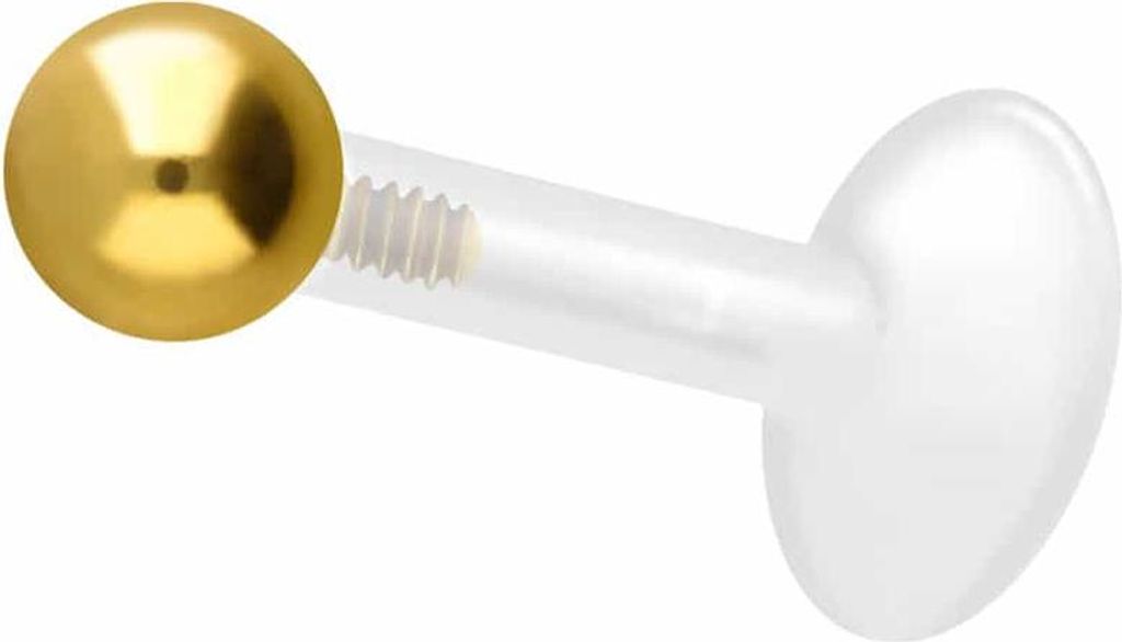 Ohrpiercing, Nasenpiercing PTFE Labret mit Innengewinde + Titan-Aufsatz KUGEL Gold Stablänge: 9mm + Stabstärke: 1,2mm + Kugelgröße: 4mm