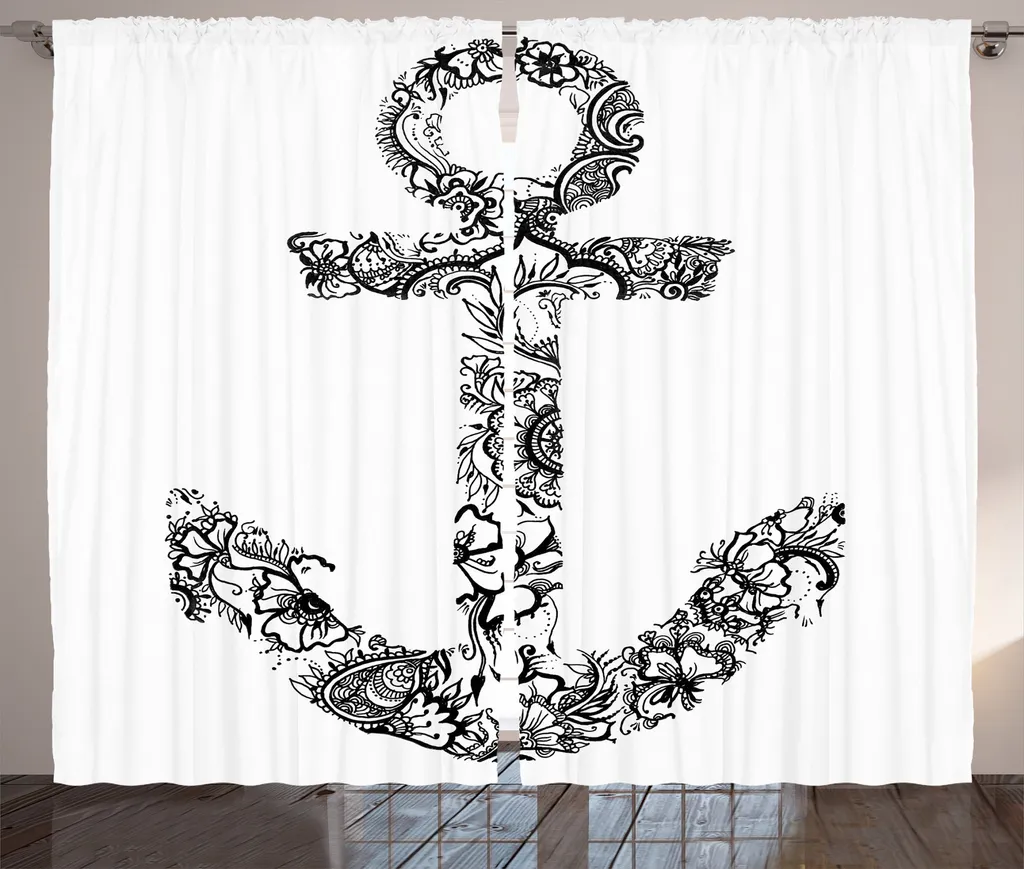 Rideau de chambre à fronces motif fleurs et ancres noir blanc 280x175