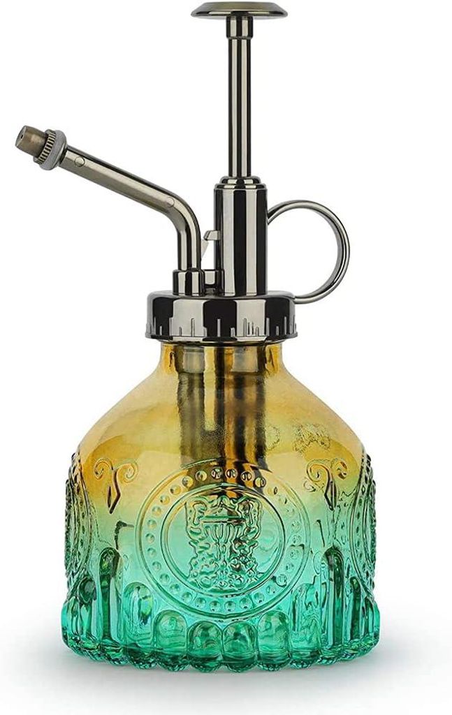 Gießkanne aus Glas, 200 ml, Retro-Stil mit Pumpverschluss, Einhand-Sprühflasche für Gartenpflanzen, Garten, Reinigung, Alkohol, Braun/Grün