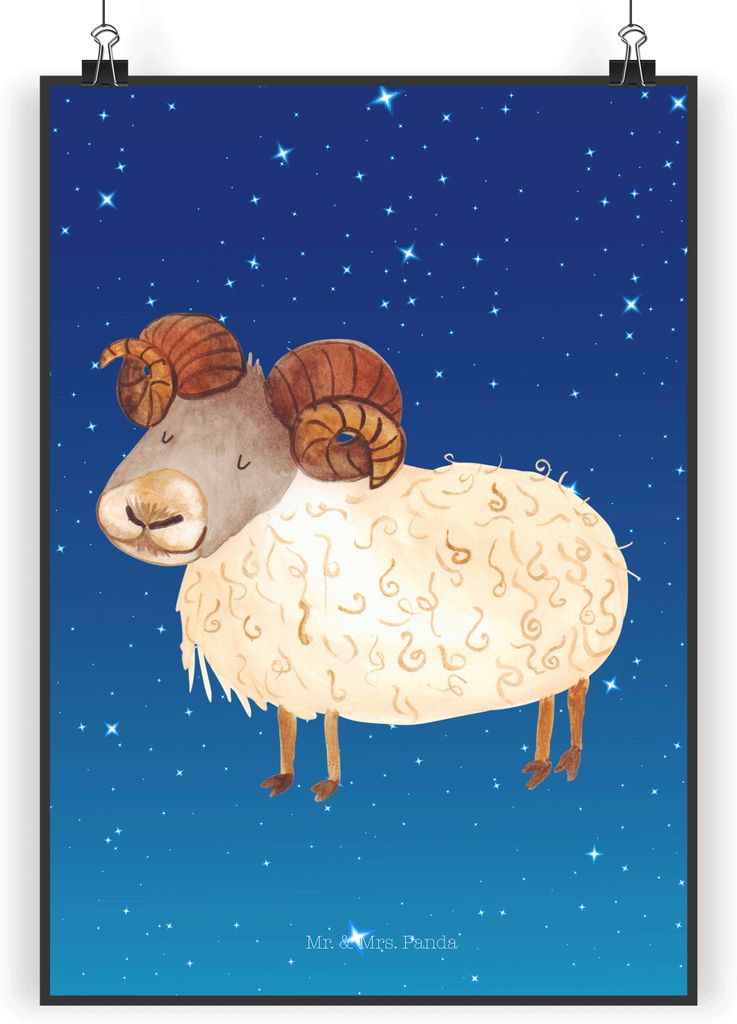 Mr. & Mrs. Panda Bild Sternzeichen Widder DIN A3 - Sternenhimmel Blau - Geschenk, Kunstdruck, Wandbild, drucke, Geburtstag März, April, Bock, Plak...