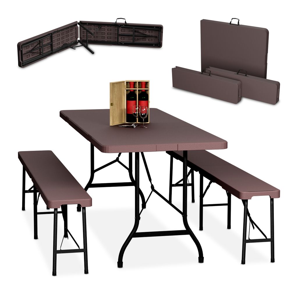 Relaxdays Bierzeltgarnitur klappbar, 3-tlg. Bierbank Set mit großem Tisch, für Garten, Festzeltgarnitur, 180 cm, braun