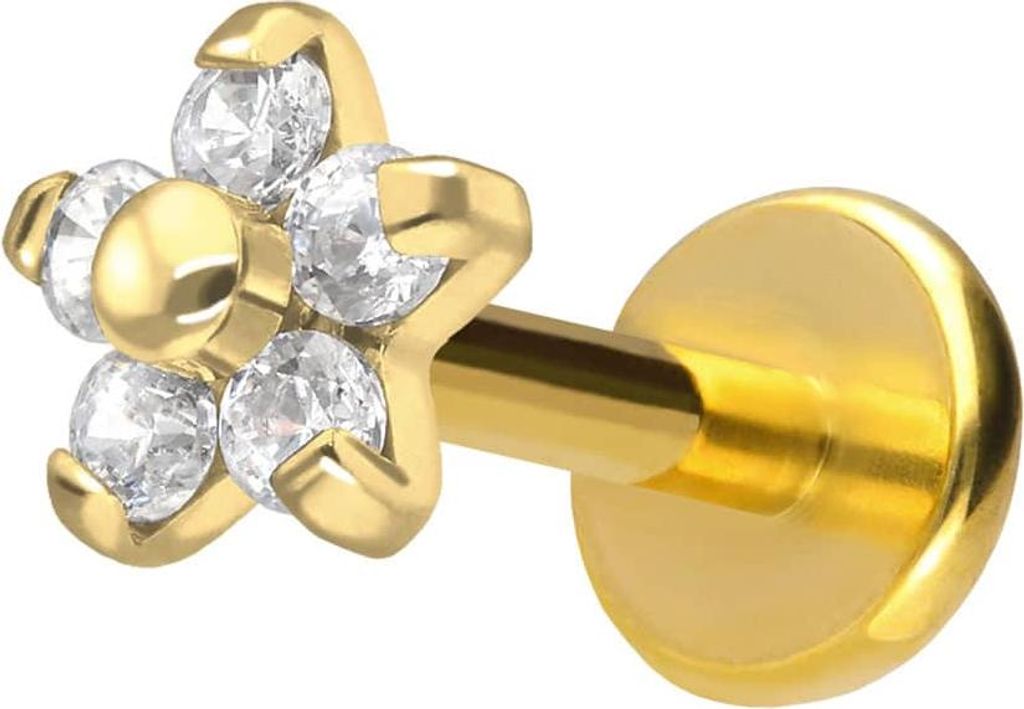 Ohrpiercing, Nasenpiercing Titan Labret mit Push Fit BLUME MIT 5 KRISTALLEN Gold Stablänge: 7mm | Stabstärke: 1mm