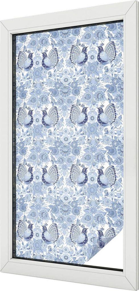 Buntglas Fensterfolie – 100x100 cm – Stained-Glass Design – blickdichte dekorative Sichtschutzfolie – selbstklebend, UV-Schutz – Blumenvogel