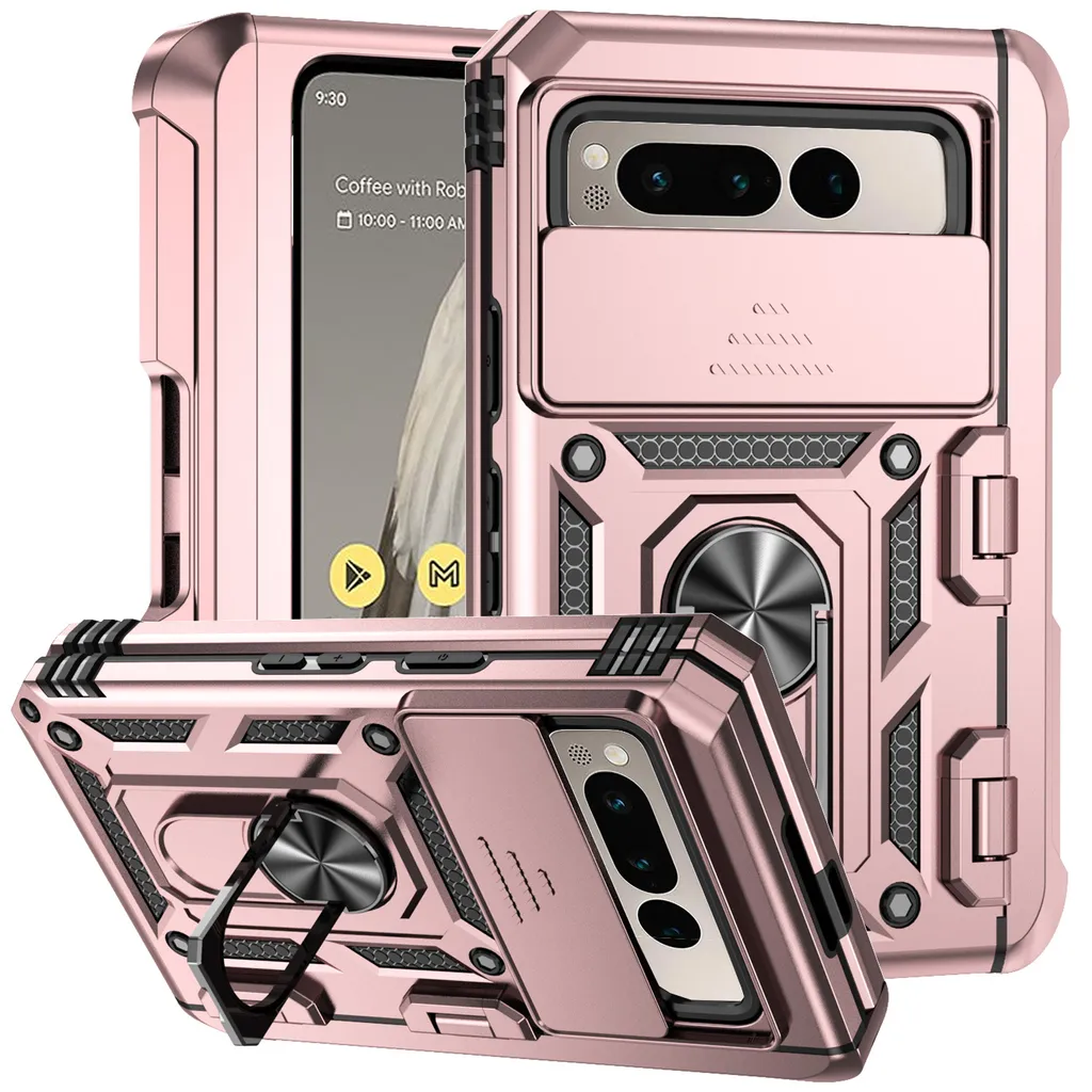 Custodia per Google Pixel Fold a doppio strato con copertura scorrevole della fotocamera e supporto ad anello Rosa