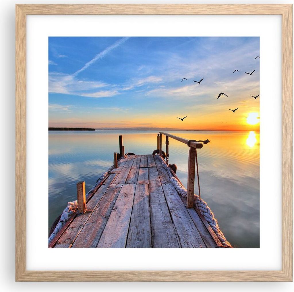 Gerahmtes Poster - Rahmen in heller Eiche - See Natur Brücke Vögel - 40x40 cm - Wand Bild - Wanddeko - Wandbilder - Wandposter - Bilderrahmen - B...
