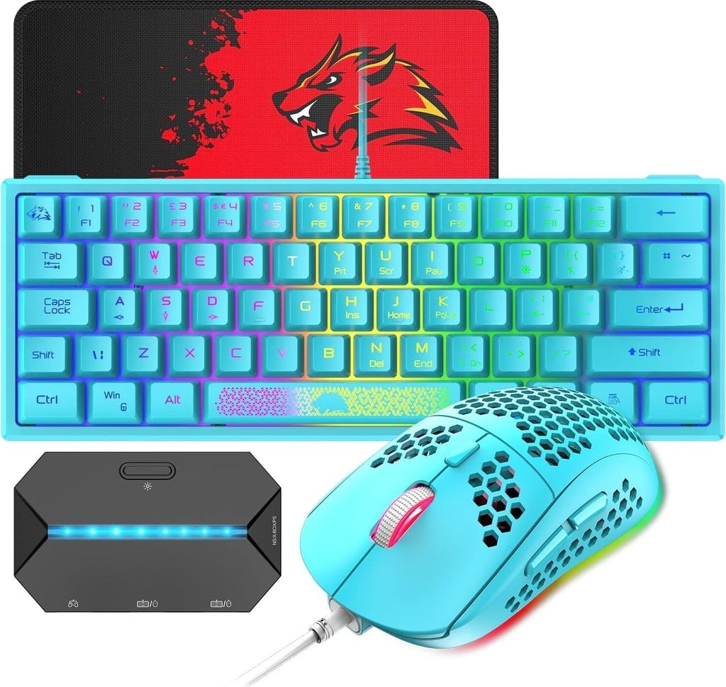 Gaming-Tastatur- und -Maus-Set, 62 Tasten, UK-Layout, RGB, 12000 DPI, atmungsaktive Lichter, Wabenmaus, USB-Gaming-Controller-Adapter, für Laptop