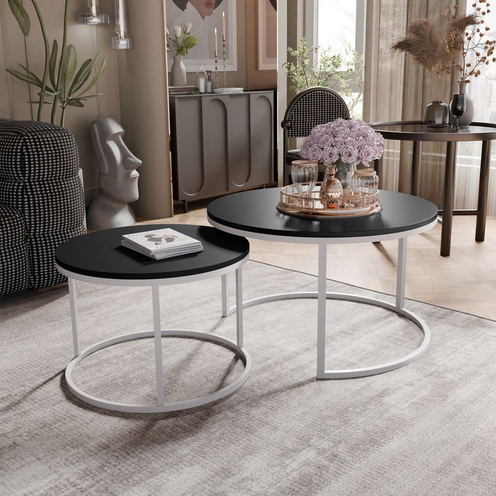 Grekpol Industrieller Set runder 2-in-1 Couchtisch Lavo mit Metallgestell matt 2tlg. Kaffeetisch Wohnzimmertisch 80x48 cm+60x42 cm (Ø x H) Farbe: ...