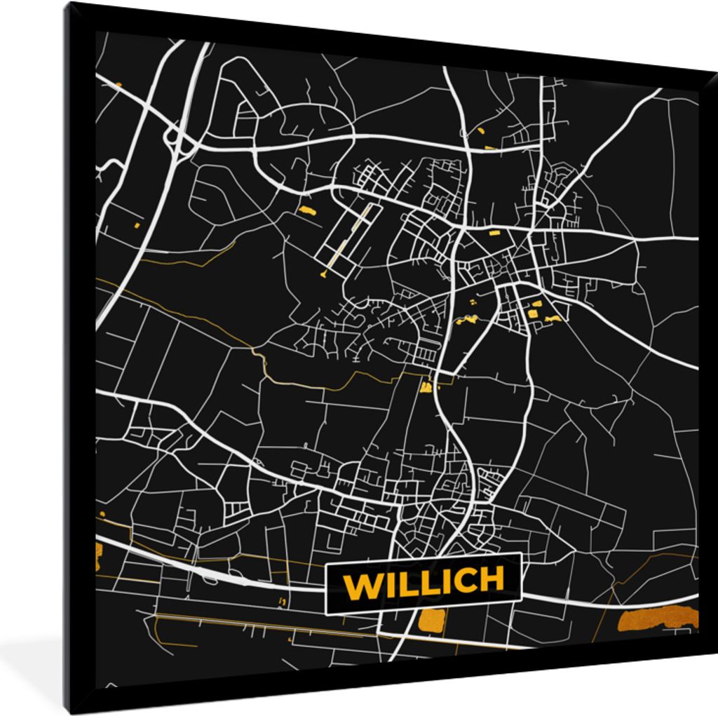 MuchoWow Gerahmtes Poster Schwarz und Gold - Stadtplan - Willich - Deutschland - Karte 40x40 cm - Poster mit Schwarzem Bilderrahmen Wandposter Ra...