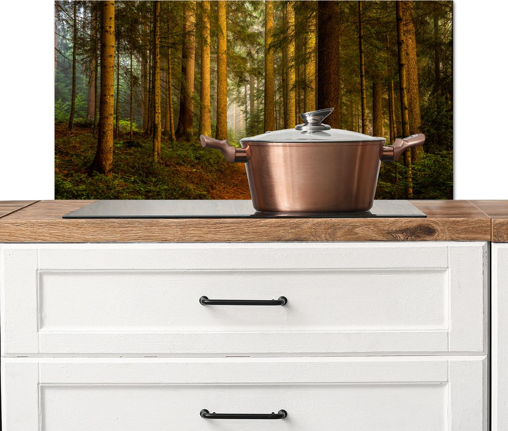 KitchenYeah Spritzschutz Küche - Küchenrückwand - Wandschutz für Herd und Spüle - Wald - Natur - Bäume - Landschaft - Laub 90x45 - Alu-Dibo...