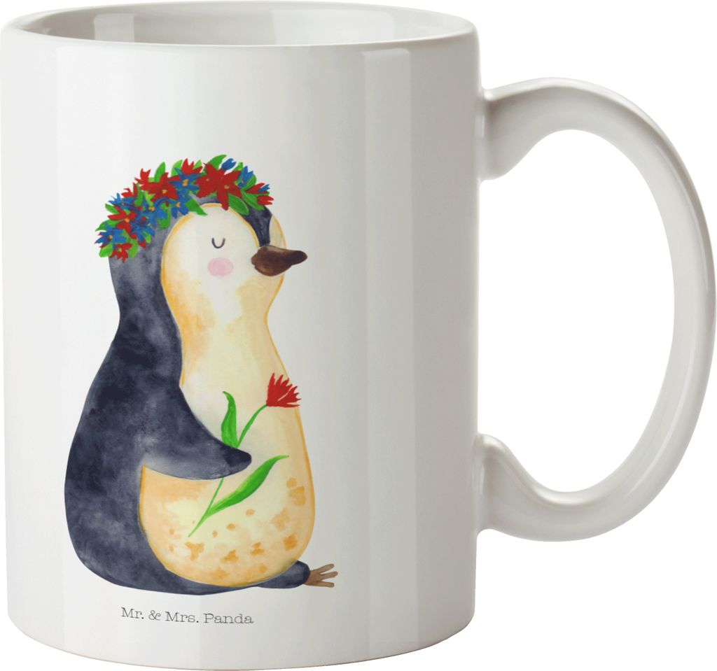 Mr. & Mrs. Panda Kindertasse Pinguin Blumen - Weiß - Geschenk, Pinguine, Geschenkidee, Universum, Pott, Mehrwegbecher, Wunderschön, Haferl, Trink...