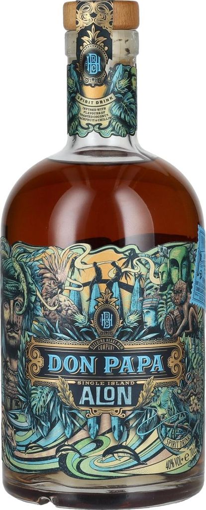 A bottle of Don Papa Alon Rum.