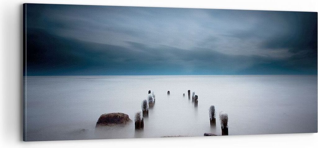 Bild auf Leinwand - Leinwandbild - Einteilig - Wellenbrecher Nebel Nacht - 100x40cm - Wand Bild - Wanddeko - Wandbilder - Leinwanddruck - Bilder - ...