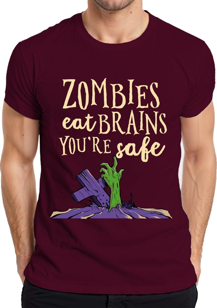Zombies eat BRAINS You're safe Halloween Zombie Geschenk Grusel Herren T-Shirt, Burgundy, XL