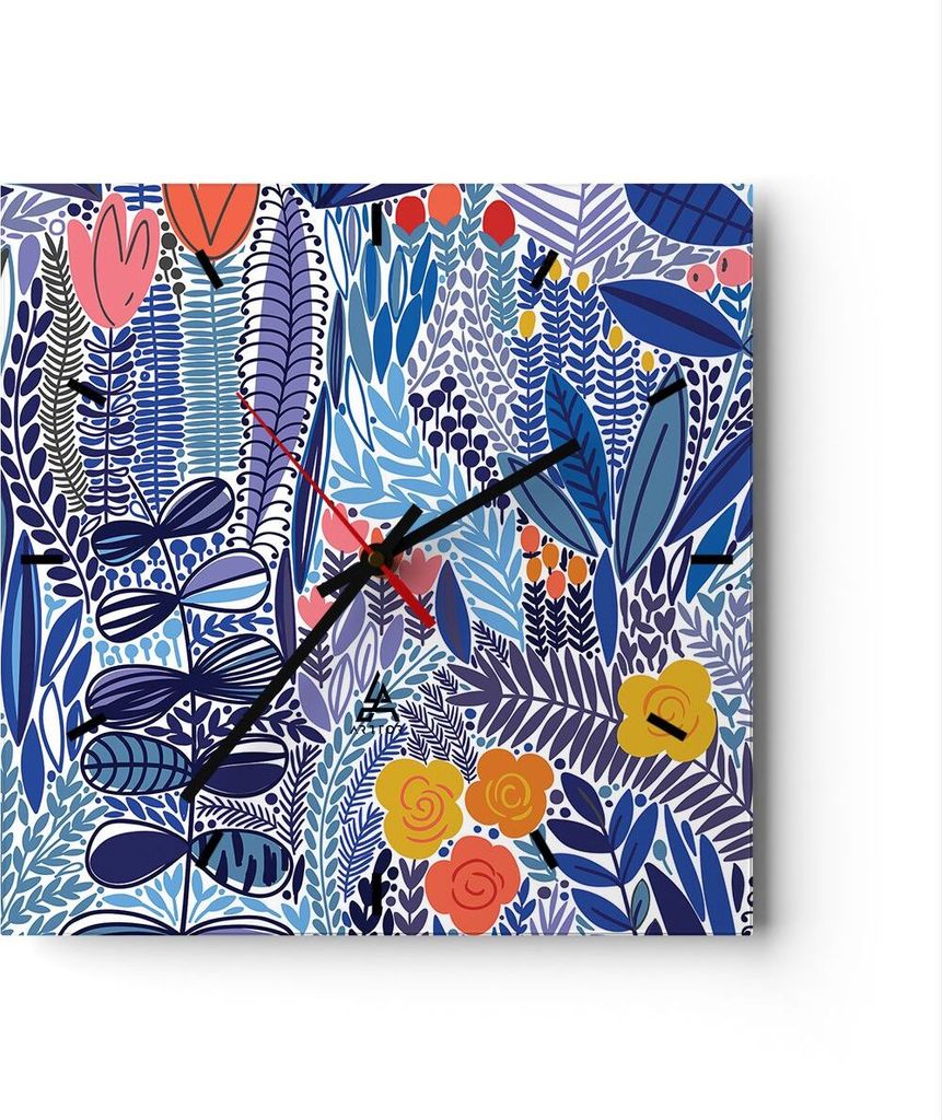 Wanduhr - Quadrat - Glasuhr - Blumen Blätter Illustration Tropen - 40x40cm - Schleichendes Uhrwerk - Lautlos - zum Aufhängen bereit - Dekoration ...