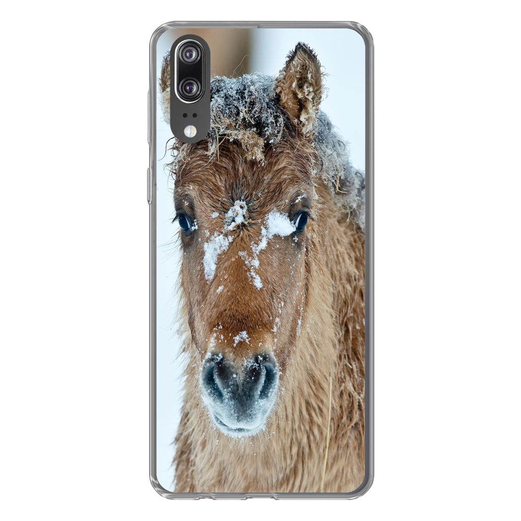 MuchoWow Handyhülle Schutzhülle Hülle für Huawei P20 Junges Fjordpferd mit Schnee bedeckt Silikon Softcase Handy Hülle - Hardcover