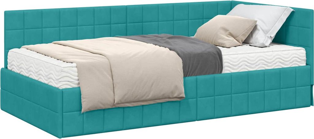 vidaXL Eckbettgestell mit Matratze mit Kopfteil 2 pcs Türkis Samt