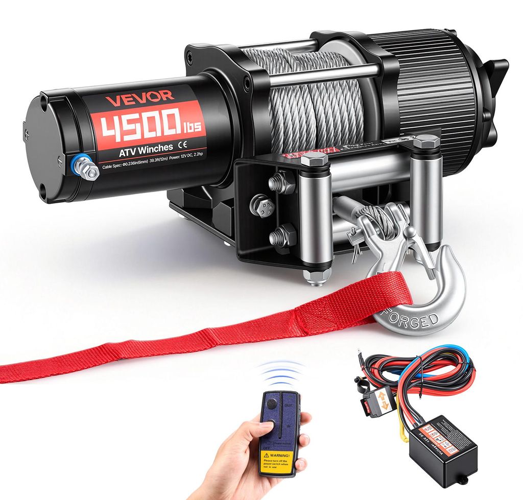 VEVOR Elektrische Seilwinde 2041 kg, 12V DC Motorwinde mit Φ5,8 mm x 12 m Stahlseil, Kabelloser & Kabelgebundener Fernbedienung, IP55, Elektrowind...