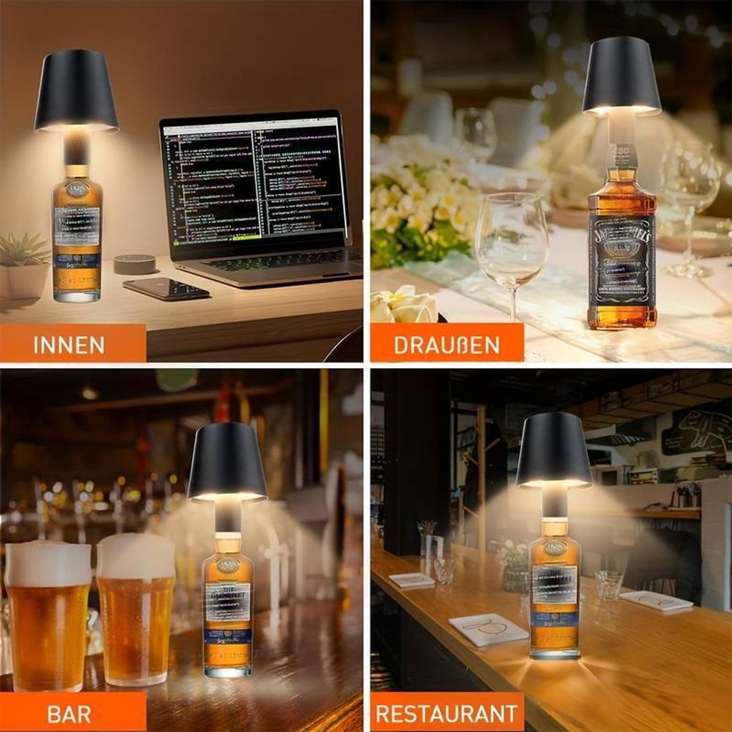 Drahtlose Weinflaschen-LED-Lampe - 3 Farben, Dimmbar, USB-aufladbar, Touch-Steuerung, Gold
