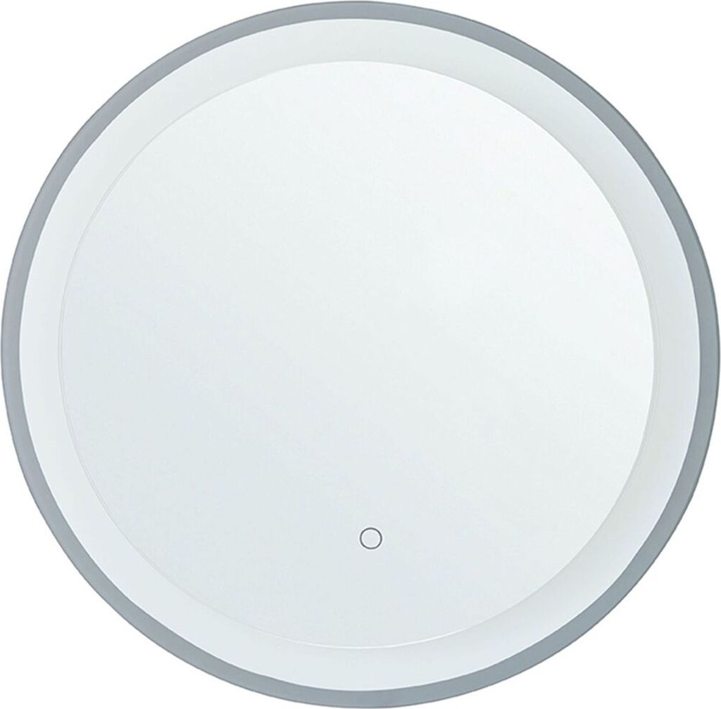 A round mirror with LED lighting and a touch sensor.
