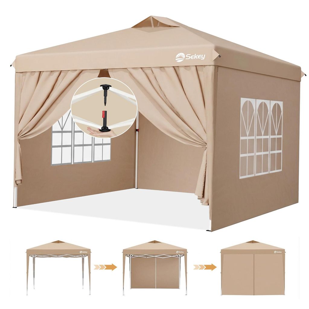Sekey Faltpavillon 3x3 m Pop Up Gartenpavillon wasserdicht winterfest inkl 4 Seitenteilen Partyzelt für Garten Terrasse, Taupe
