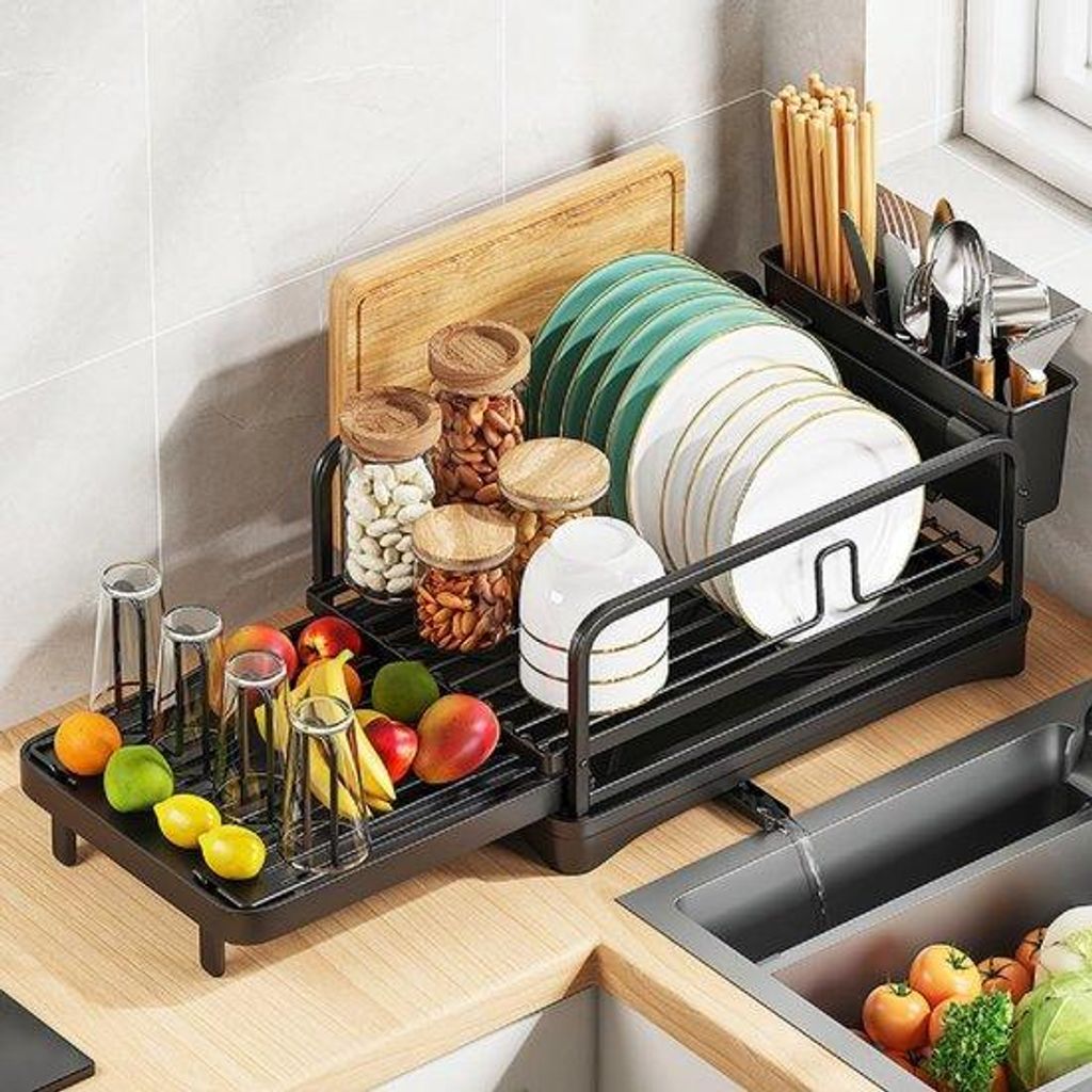 Stahl-Küchenorganizer mit Ausziehbarem Abtropfregal und Besteckhalter