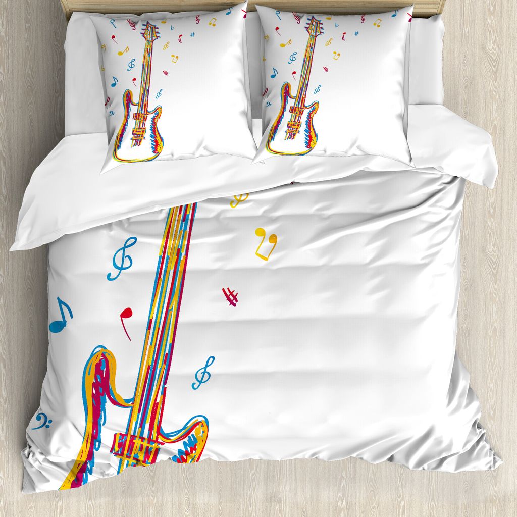 ABAKUHAUS Musik Bettbezug, Doodle Art Gitarren-Kunst, Milbensicher Allergiker geeignet mit Kissenbezügen, 155 cm x 220 cm - 80 x 80 cm, Blau, Rot,...