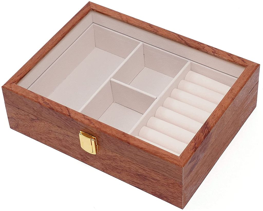 Retro Holz Schmuck Box Organizer Aufbewahrungskoffer für Ohrringe Ringe, 