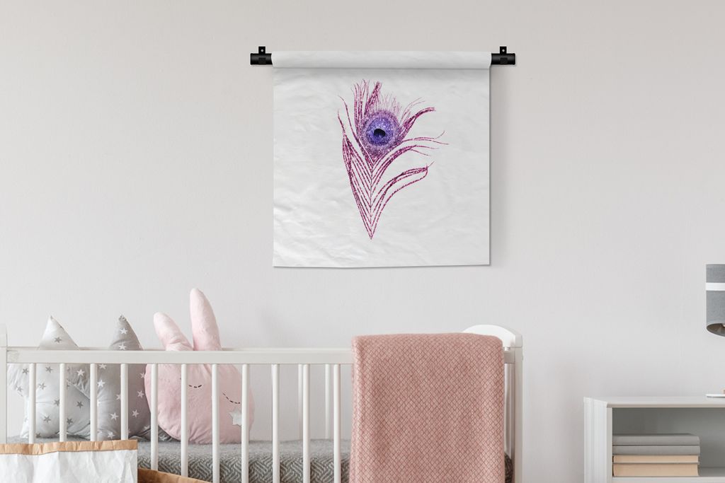 MuchoWow Wandteppich Wandbehang Pfauenfedern - Lila - Glitter 60x60 cm Tapisserie Dekoration Wandtuch - Dekorationen - Wand Decke