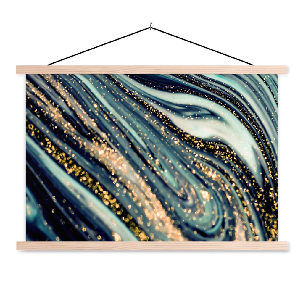 MuchoWow Textilposter Marmor - Gold - Blau - Glitter - Marmoroptik - Abstrakt 120x80 cm mit holzfarbenen Rahmen - Aufhängeset