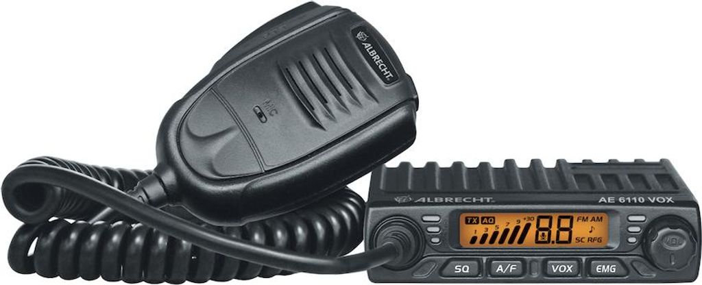 A black Albrecht AE 6110 VOX Mini-CB radio with a microphone attached by a coiled cord, set against a white background.